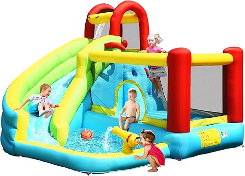 KOTEK Tobogán acuático inflable, parque acuático, castillo inflable para niños al aire libre con tobogán largo, pared de escalada, bouncer y piscina