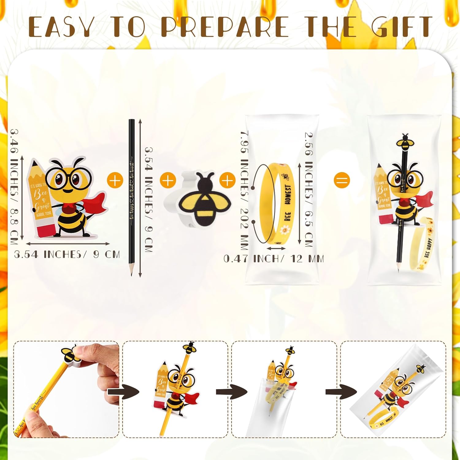 36 Sets Back to School Gifts Bee Decorations for Classroom Cute Bee Pencil Erasers Bulk Silicone Bracelet Inspirational Cards Stuffers for Class Students from Teacher Class Reward Prizes