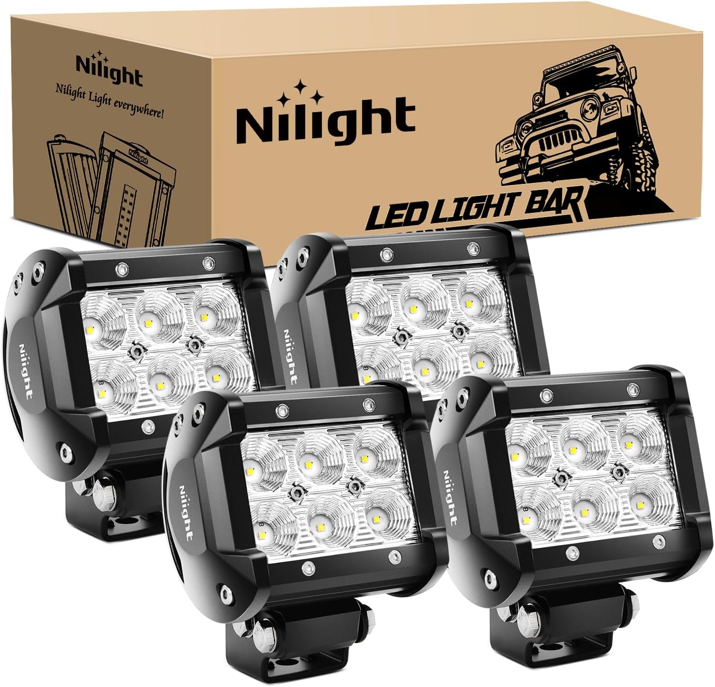 Nilight LED Light Bar 4PCS 4 Inch 18W LED Bar 1260lm Flood Led Off Road Driving Lights Led Fog Lights Lighting LED Work Light for Van Camper SUV ATV ,2 Years Warranty