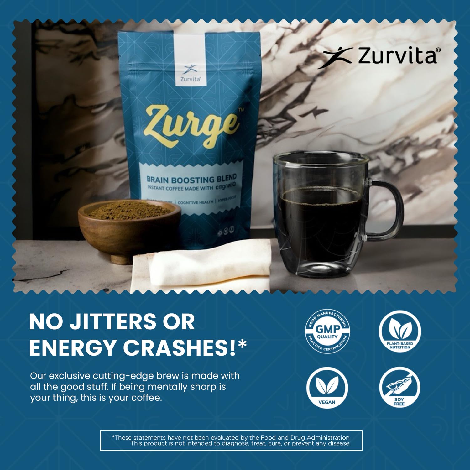 Zurvita - Zurge Instant Coffee - Boost Cognitive Health with CognatiQ, Lion's Mane, and More Enhance Clarity with Colombian Arabica - 30 Servings