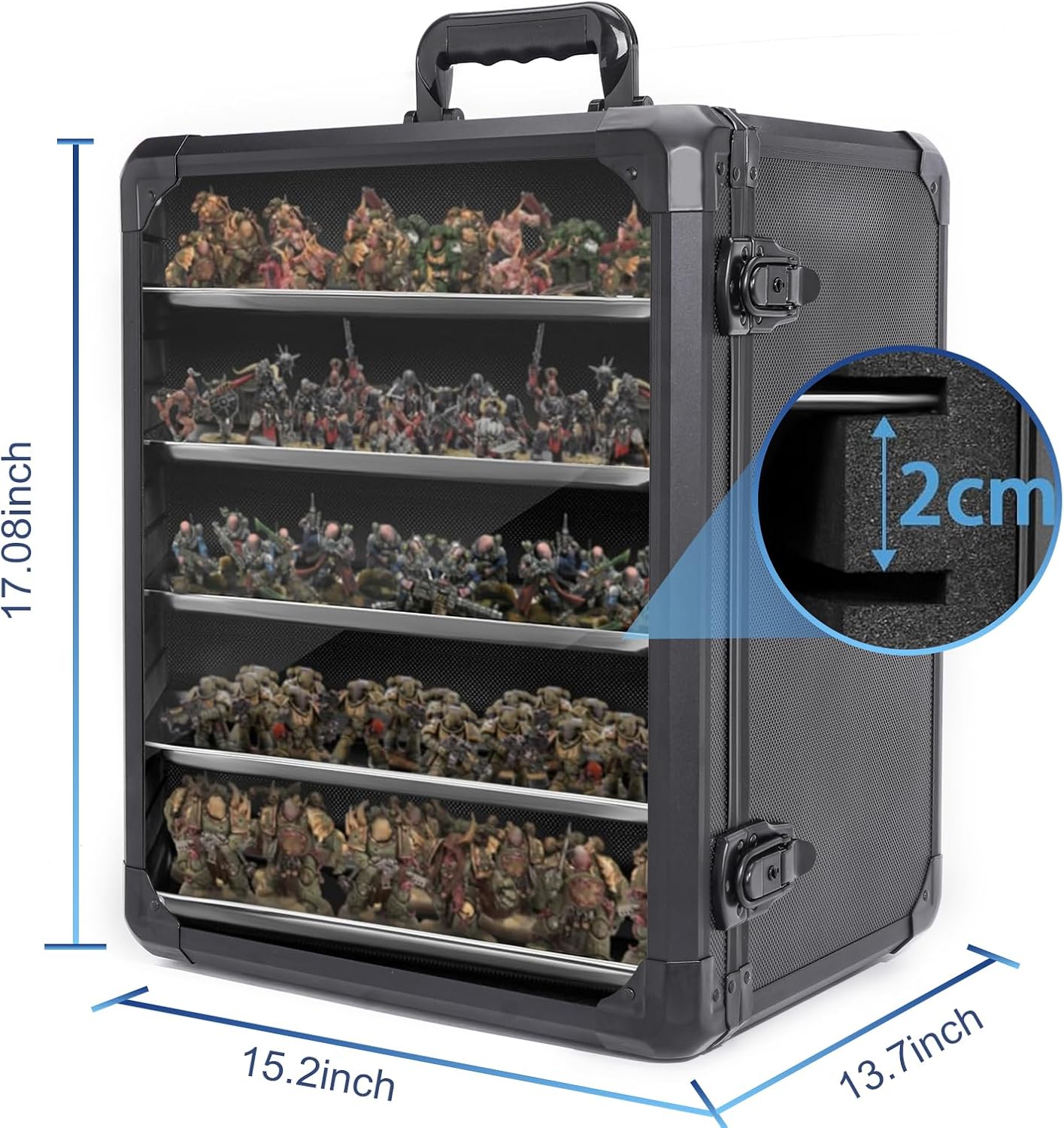 Miniature Storage Case for Display, 17"x13.7"x15.2" Large Capacity for Warhammer 40K，Aluminum Alloy Frame & 5-Layer Steel Trays & Double Locks, Board Game Transport & Collection Event Use