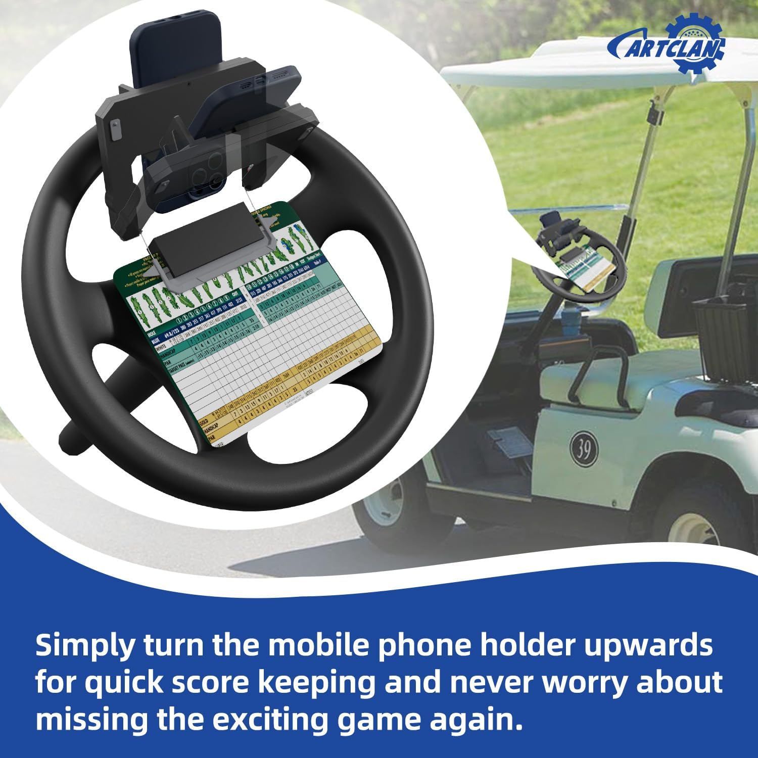 Golf Cart Steering Wheel Cell Phone Mount, Flip Up Phone Holder for Golf Cart Steering Wheel, Suitable for Club Car/EZGO/Yamaha Models, Mobile Phone Mount Wide 2"-3.5"