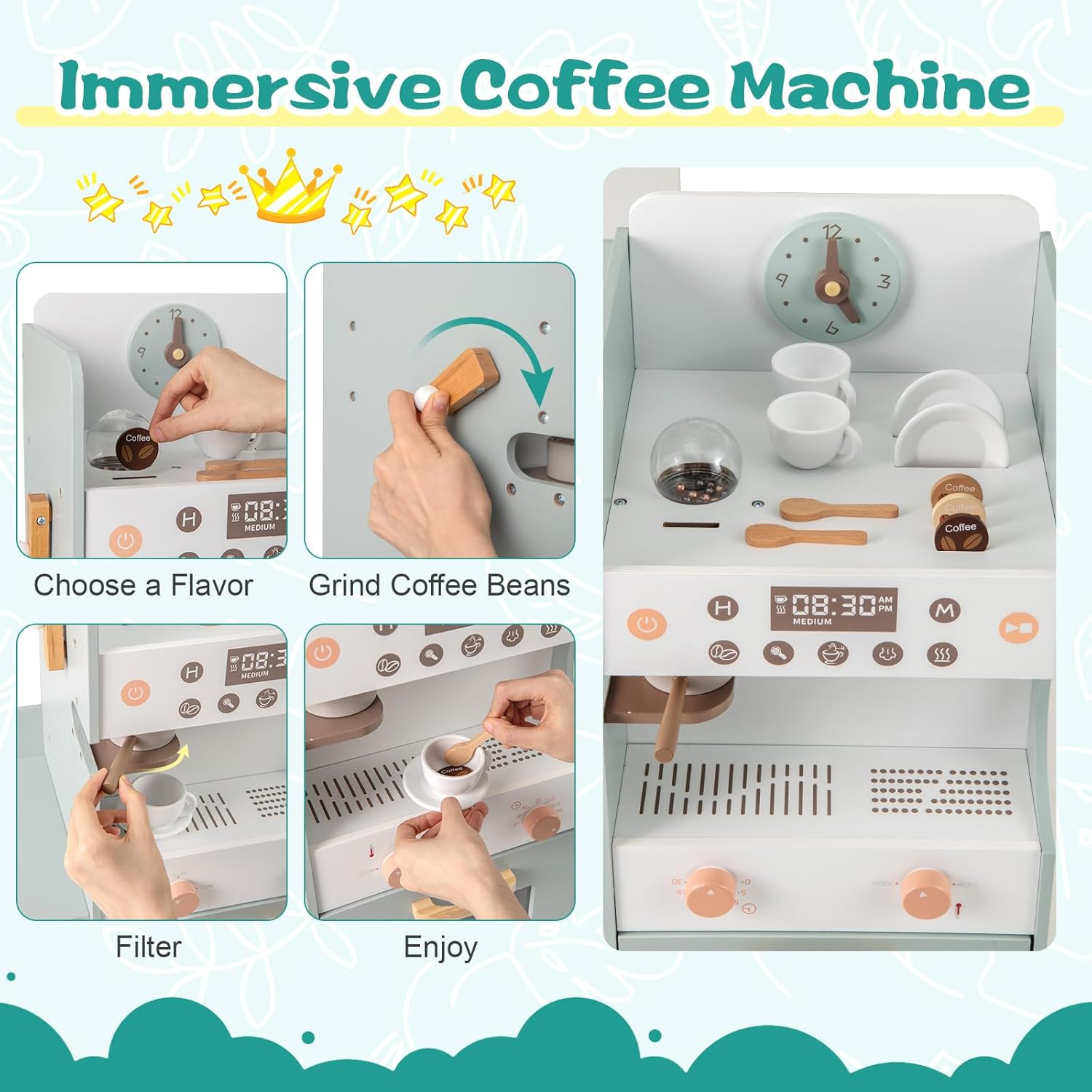 HONEY JOY Kids Grocery Store Playset, Wooden Play Store w/Coffee Maker & Vending Machine, Toddler Supermarket Checkout Stand w/Cash Register, Display Shelves, Play Food, Grocery Store Pretend Play
