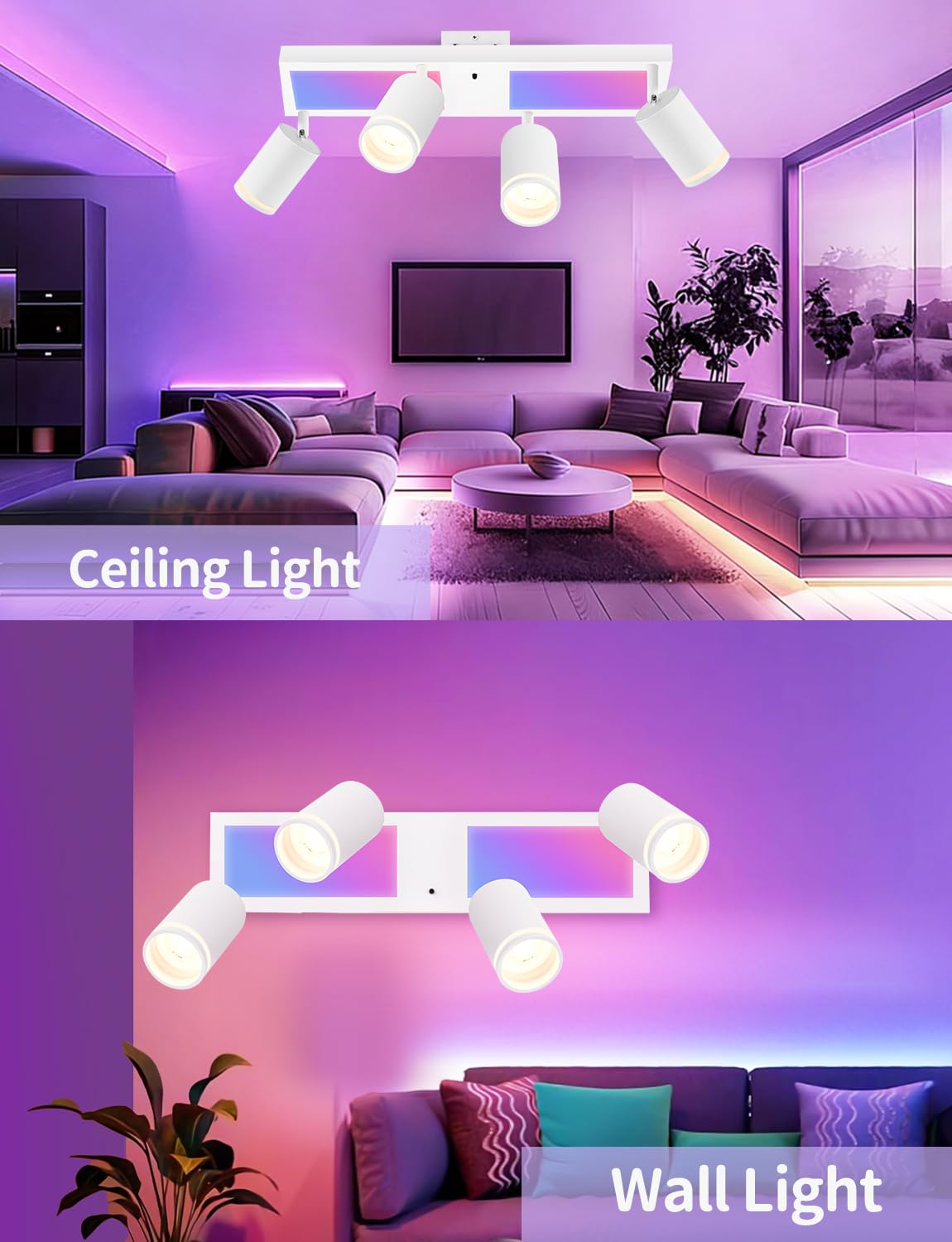 YindaLux Deckenstrahler LED mit Fernbedienung RGB Farbwechsel 30W 3600LM | Weiß RGB Deckenleuchte 4 Flammig mit Unteres Glühen, Inkl. GU10 Leuchtmittel, Schwenkbar Strahler Lampe für Wohnzimmer