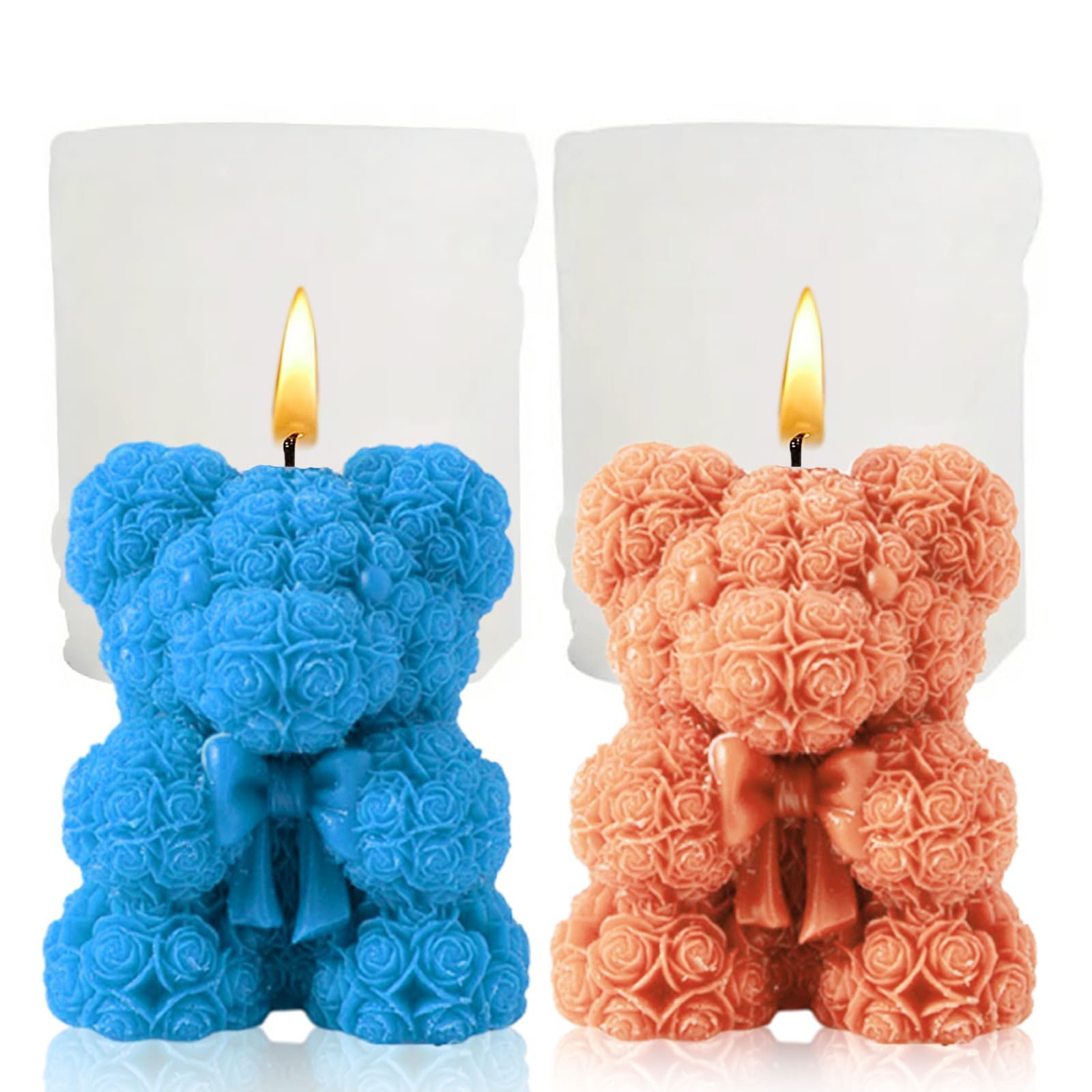 Fahibin 2Pcs Rose Bear Shape Candle Mold,3D Rose Teddy Bear Silicone Moulds,for Candles and Soaps, Chocolates