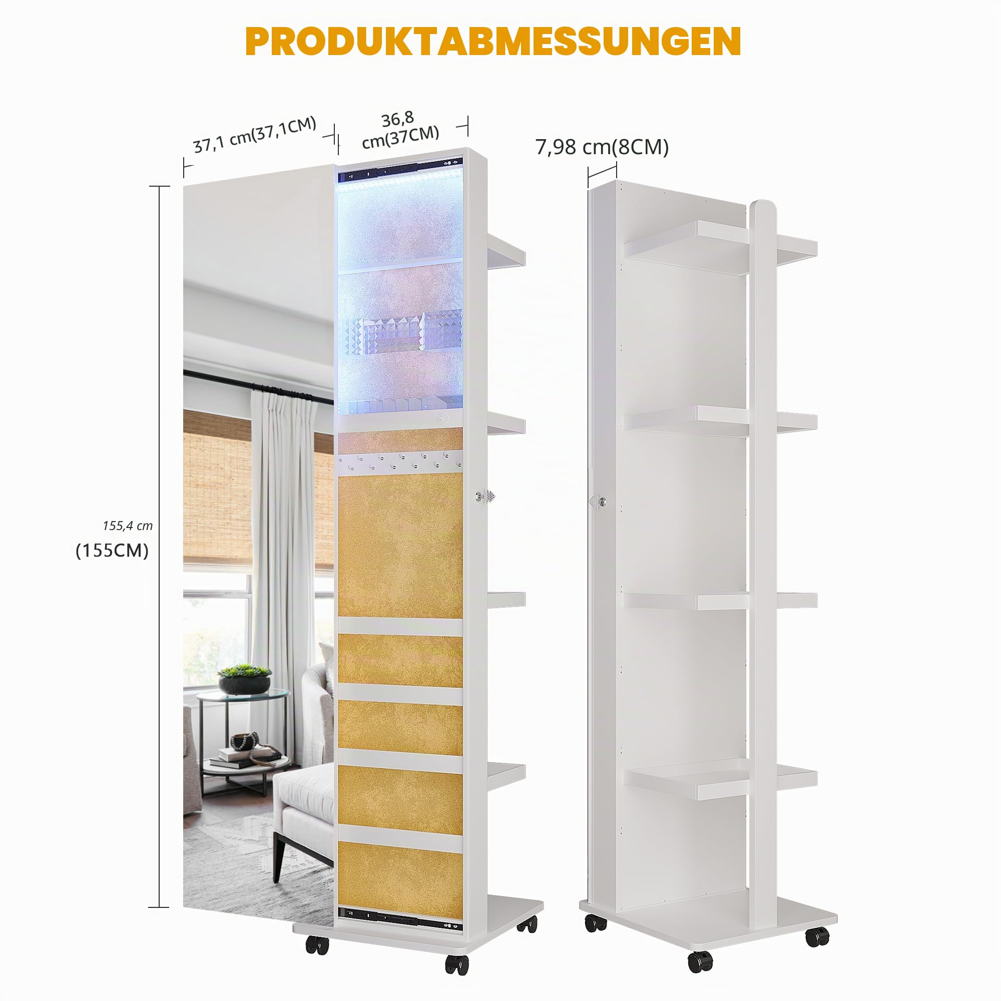 Lvifur 360° drehbarer Schmuckschrank mit 3-Farben-LED, abschließbarer Schmuckschrank mit verschiebbarem Ganzkörperspiegel, freistehender Spiegelschrank für Wohnzimmer und Schlafzimmer