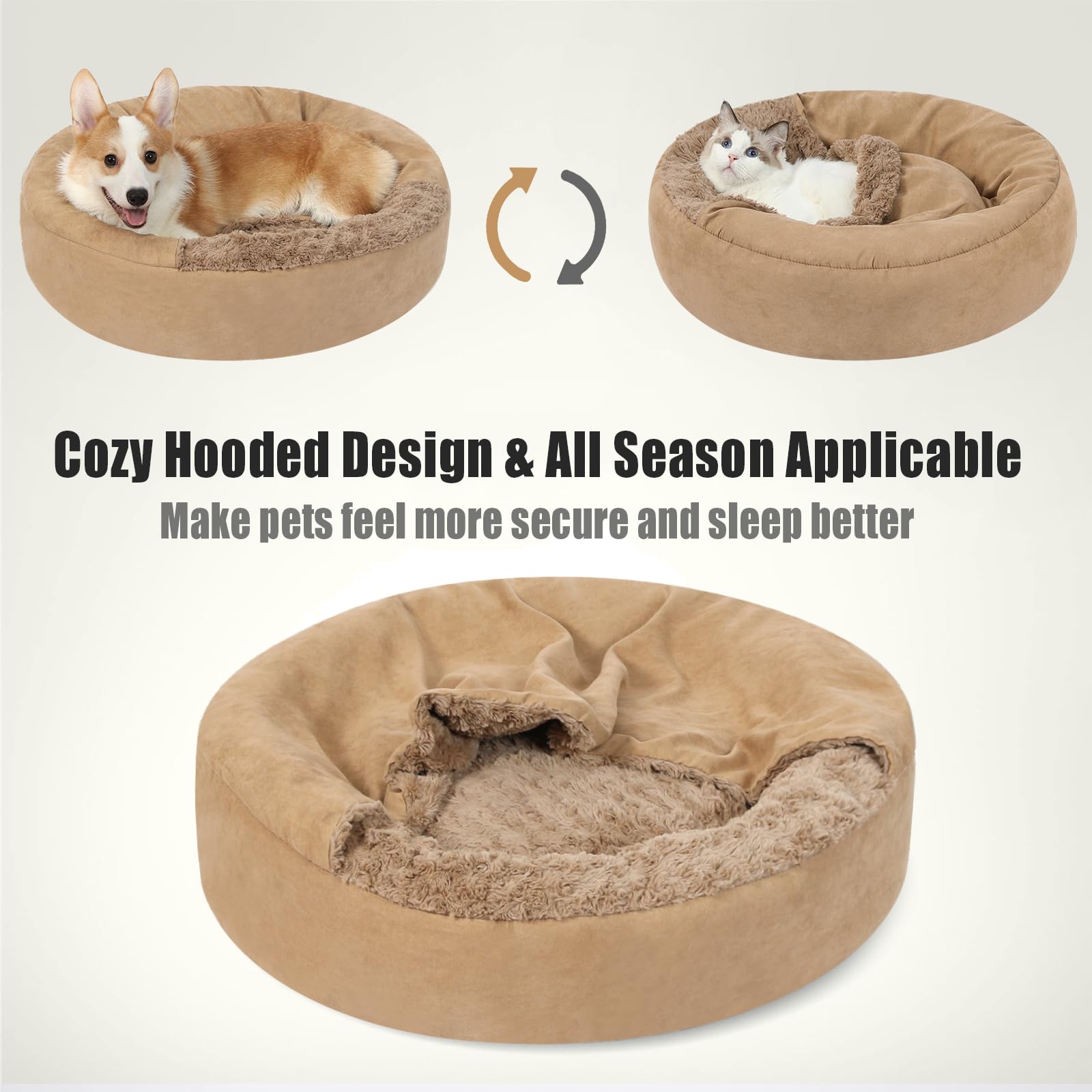 Mengelina Small Dog Bed with Hooded Blanket - Washable Puppy Bed with Cover, Cozy Cave Dog Bed for Small Dog Cat, Donut Pet Bed with with Non-Slip Bottom (Brown, Medium)