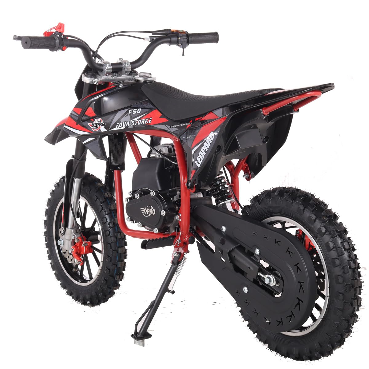 Part posterior view of the X-PRO Leopard 40 Mini Dirt Bike, showing the exhaust and rear wheel.