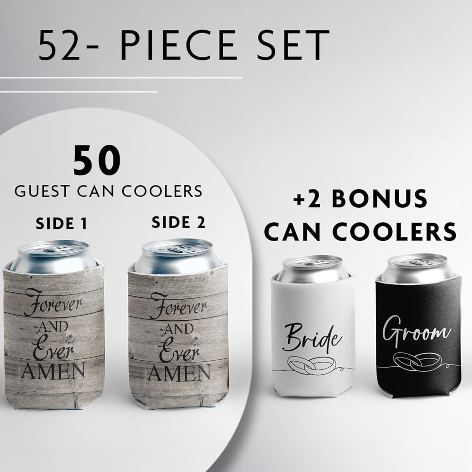 52-Pack Wedding Can Coolers –Forever and Ever Amen – Rustic Wood Grain Wedding Favors – Includes Bride & Groom Sleeves – 12 oz Can Sleeves