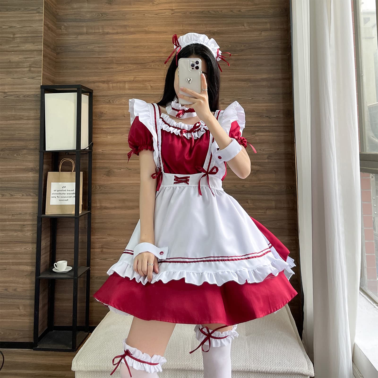 LISANEK Maid Outfit Anime Cosplay Lolita Dress French Maid Costume Plush Cat Ear Socks Set (S, Red) - Image 2