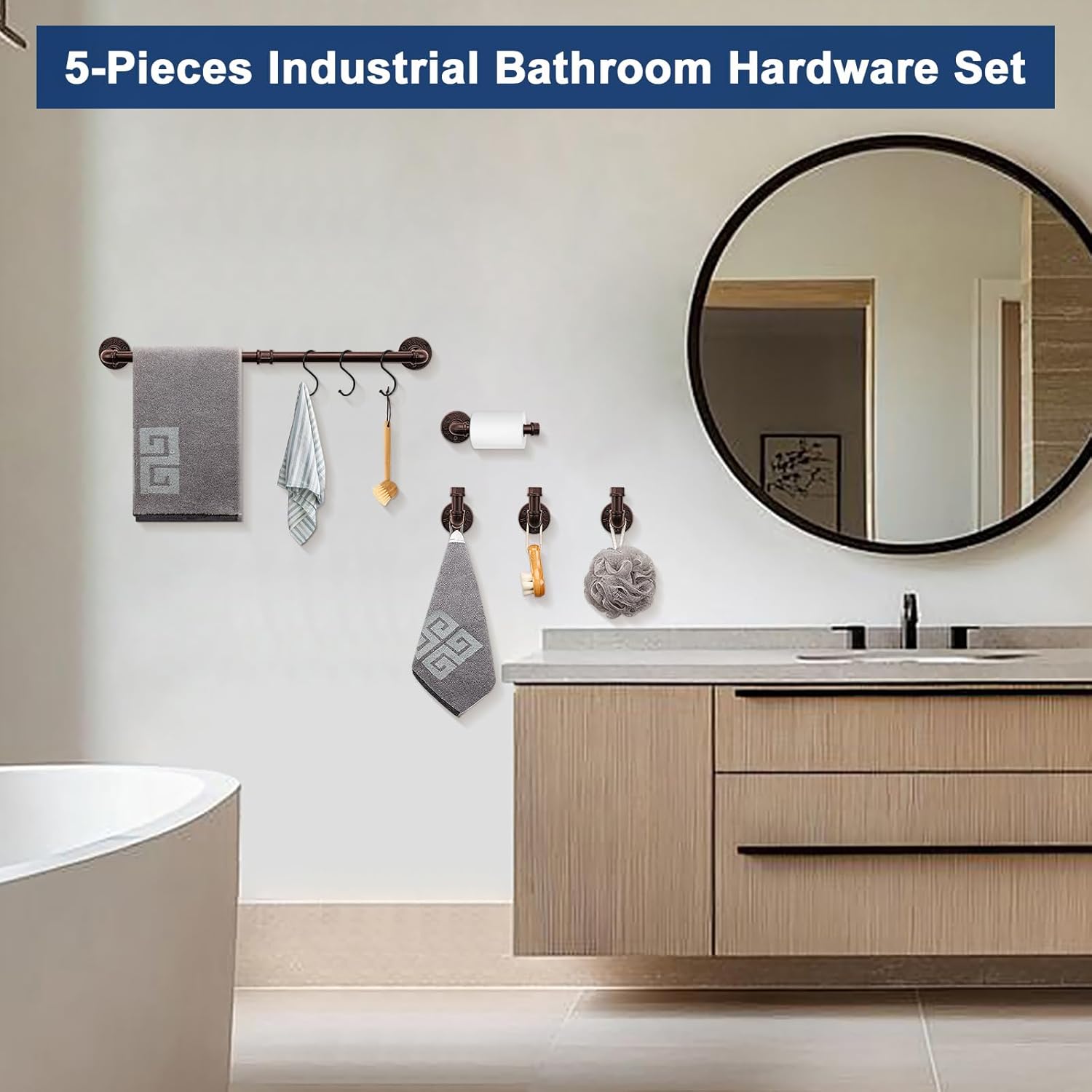 NearMoon 5-Pieces Industrial Pipe Bathroom Hardware Set, Include 18 Inch Towel Bar, Toilet Paper Holder and 3 Robe Hooks, Heavy Duty DIY Style Wall Mounted Rustic Decor Accessories Kit (Bronze)