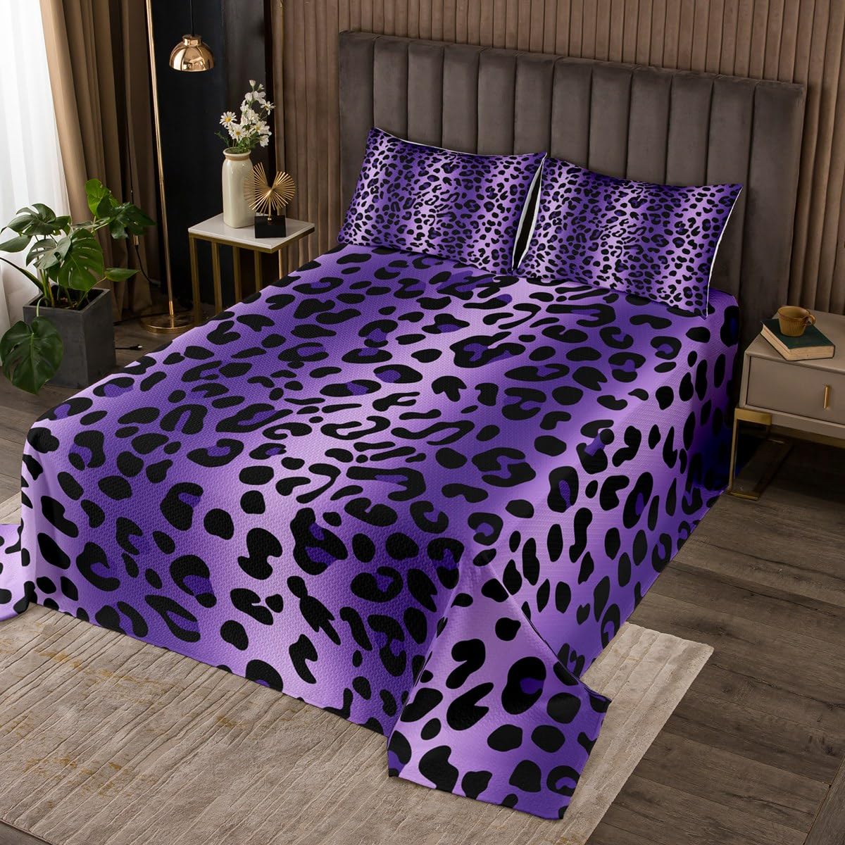 Manfei Leopard Print Bedspread Twin Size,Purple Cheetah Print Bedding Set 2pcs for Kids Teens Living Room Decor,Wild Animal Theme Quilted Coverlet Soft Breathable with 1 Pillowcase