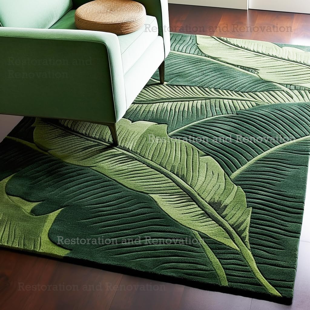 Green Banana Leaf Pattern Wool Area Rug – Hand-Tufted Botanical Design, Thick & Soft Indoor Carpet – Ideal for Living Room, Bedroom, Entryway Decor (3' x 5', Leaf A)