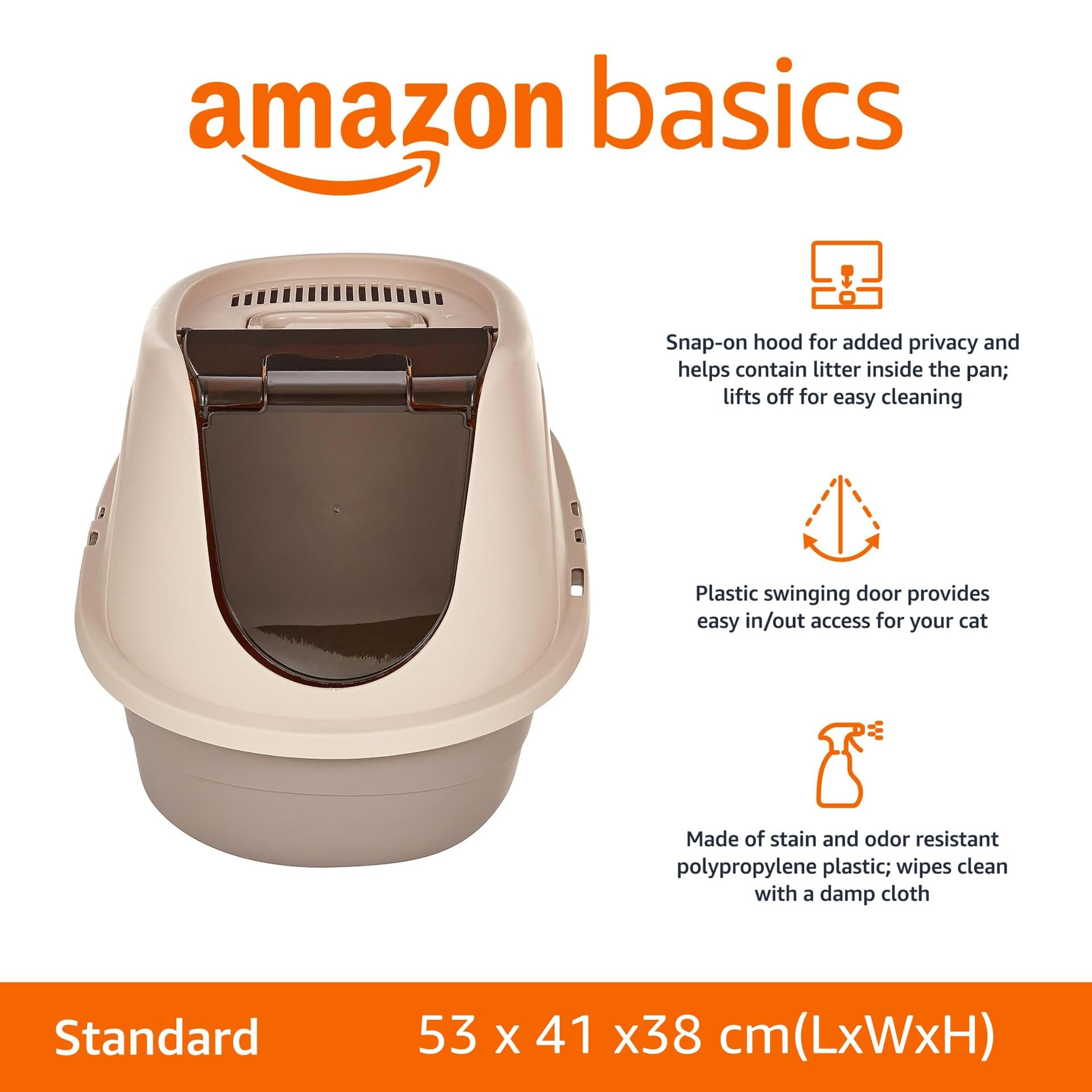 Close-up of the Amazon Basics No-Mess Enclosed Hooded Cat Litter Box, highlighting the swinging door and ventilation filter.