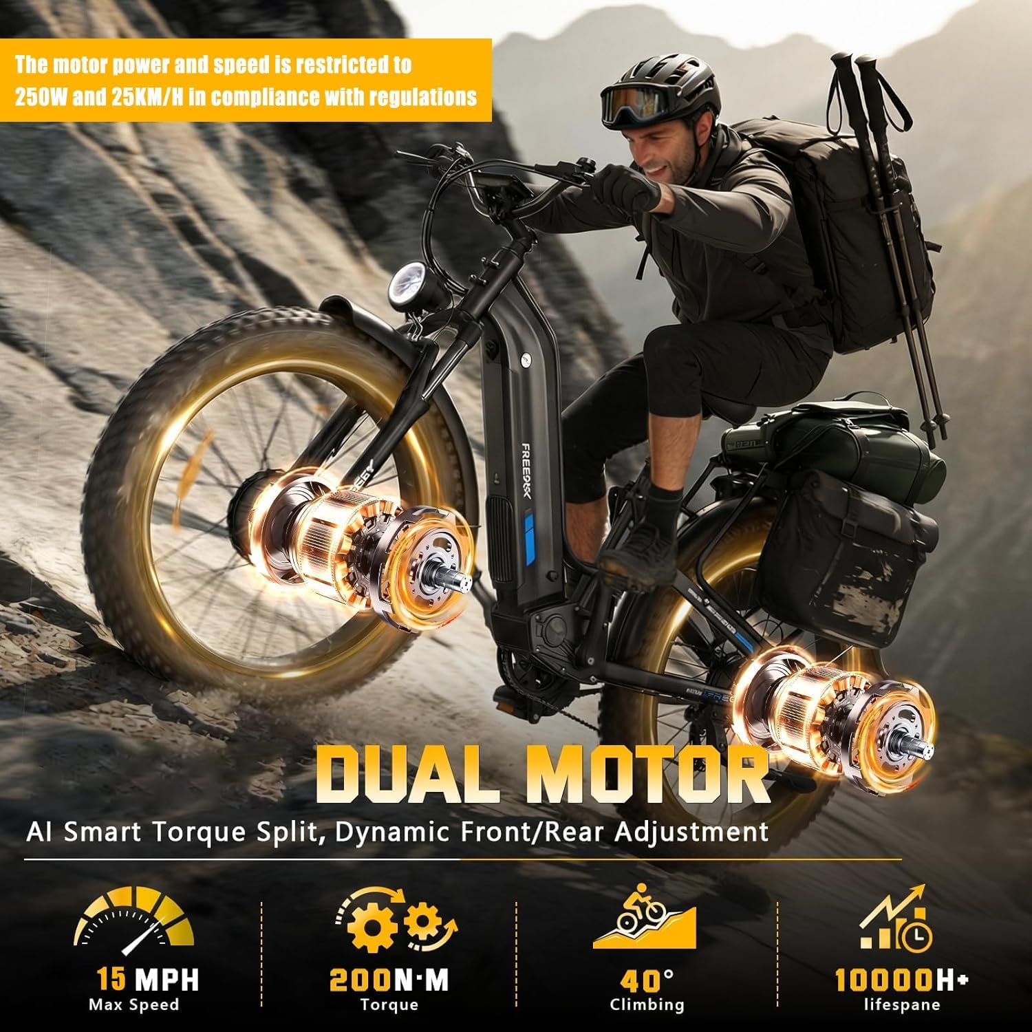 FREESKY Ranger Air Vélo Électrique Double Moteur 200Nm 170km Batterie 48V 25Ah Fat Bike 26" Freins Hydrauliques