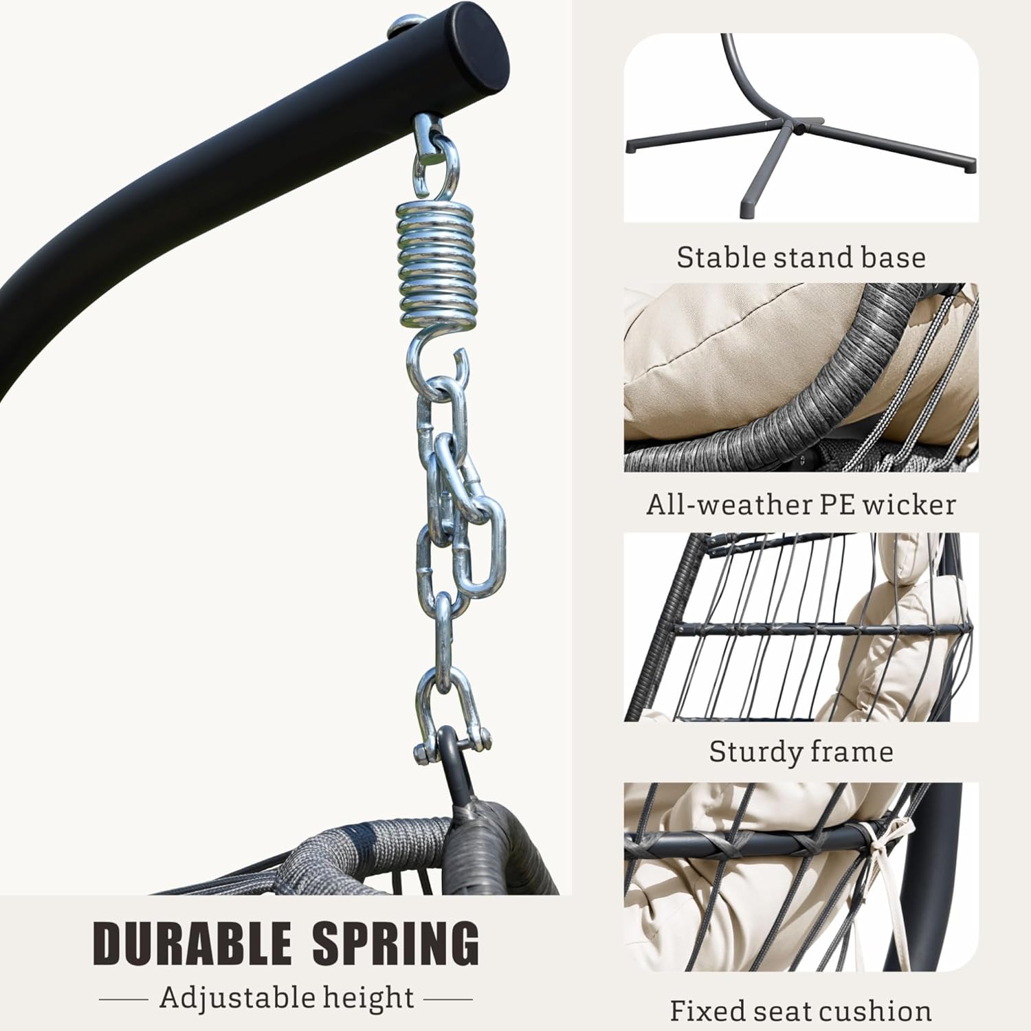 FREDEES Egg Swing Chair with Stand, Outdoor Hanging Egg Chair with Cushion for Patio/Porch/Balcony/Indoor (Beige)