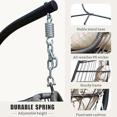 Miniatura 5 de FREDEES Silla columpio de huevo con soporte, silla colgante para exteriores con cojín para patio, porche, balcón, interior (beige)