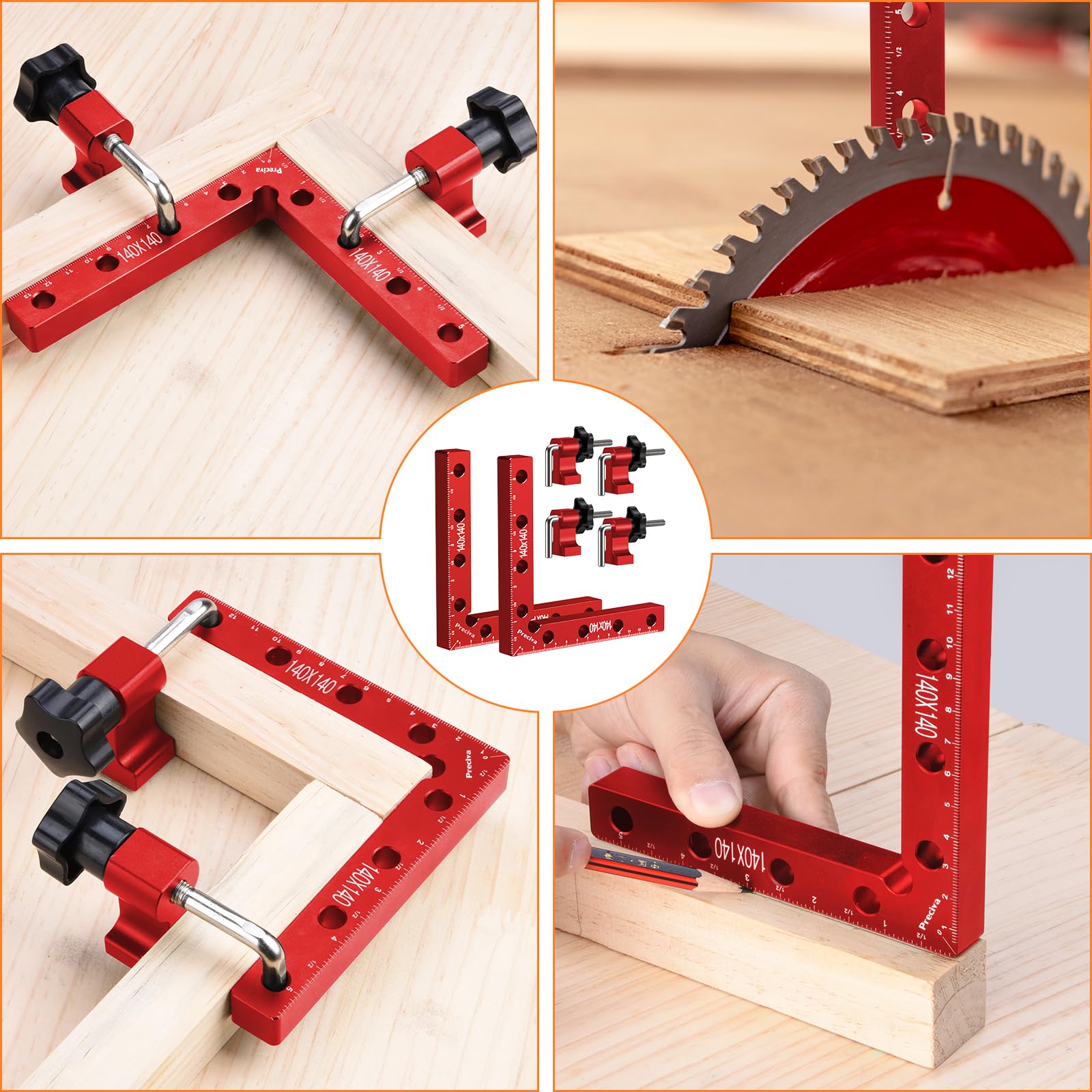 90 Grad Positionierwinkel, Preciva 2 Stück Rechtwinklige Klemmen aus Aluminiumlegierung (14 cm/5,5 Zoll), Holzbearbeitungswerkzeuge Zimmermannswinkel für Holzbearbeitung, Heimwerken, Handwerk (Rot)