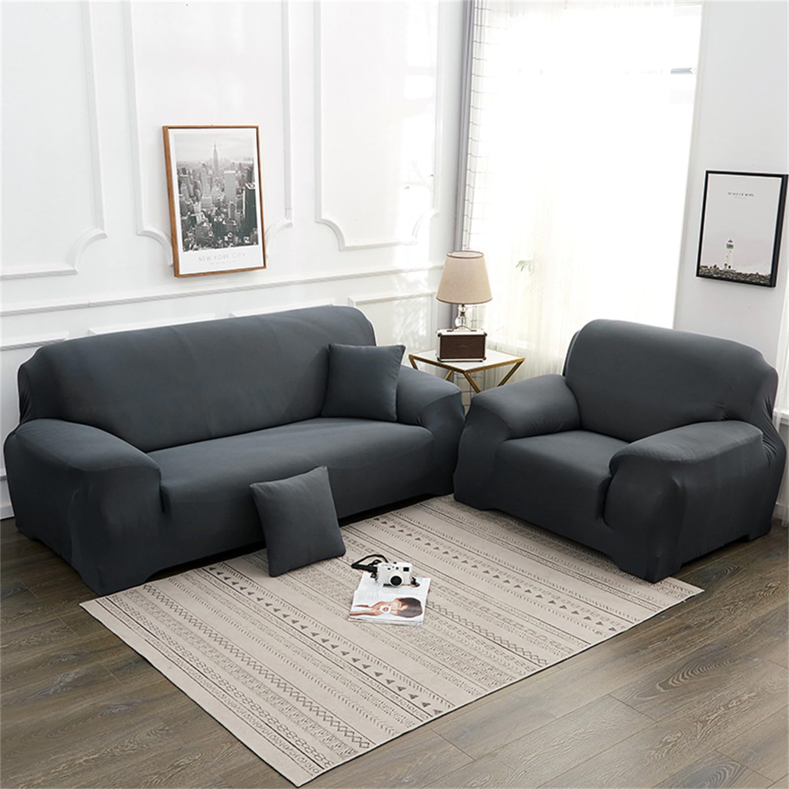 Funda Sofa 1/2/3/4 Plazas, Asjustable Fundas Sofás Elasticas Antideslizante Cubre Sofá con Reposabrazos Universal para Salón Mascota (2 Plazas,Gris Oscuro)
