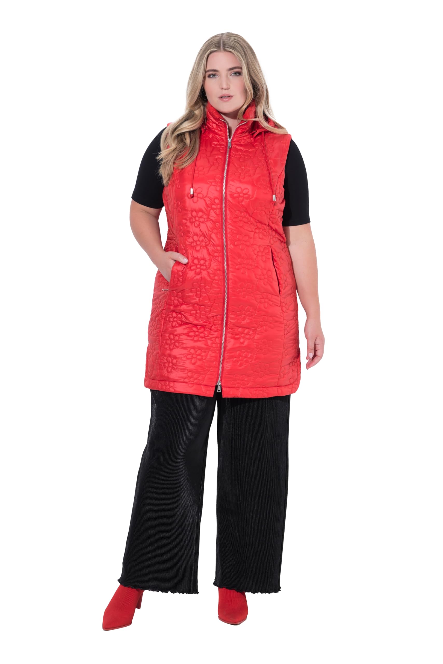 MIAMODA Damen große Größen Übergrößen Plus Size Long-Steppweste, Blumen-Steppmuster, Kapuze, 2-Wege-Zipper 840150