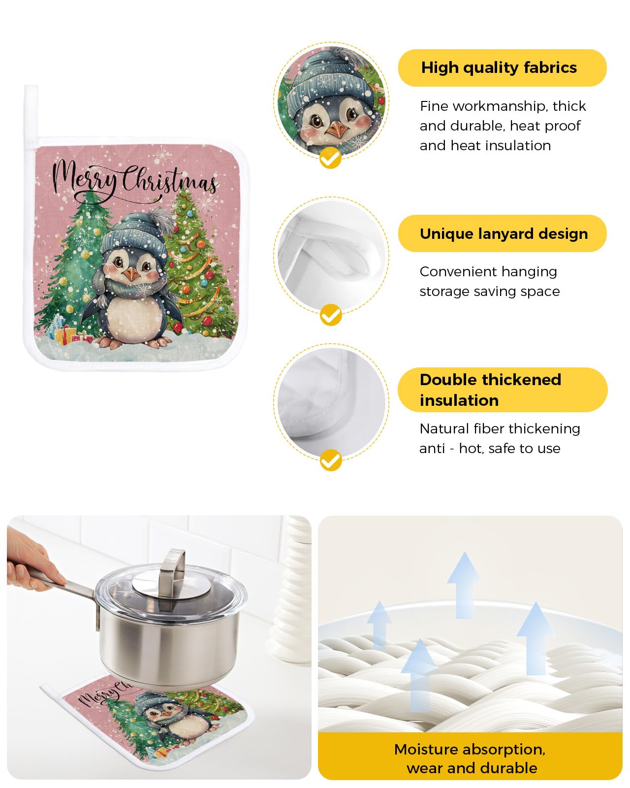 2 Packs Christmas Penguin Pot Holders Sets for Kitchen,Oven Pan Plate Bowl Pads Heat Proof Mat with Hanging Loop,Thick Terry Cloth Potholders for Cooking Baking Watercolor Blush Pink Pine Tree