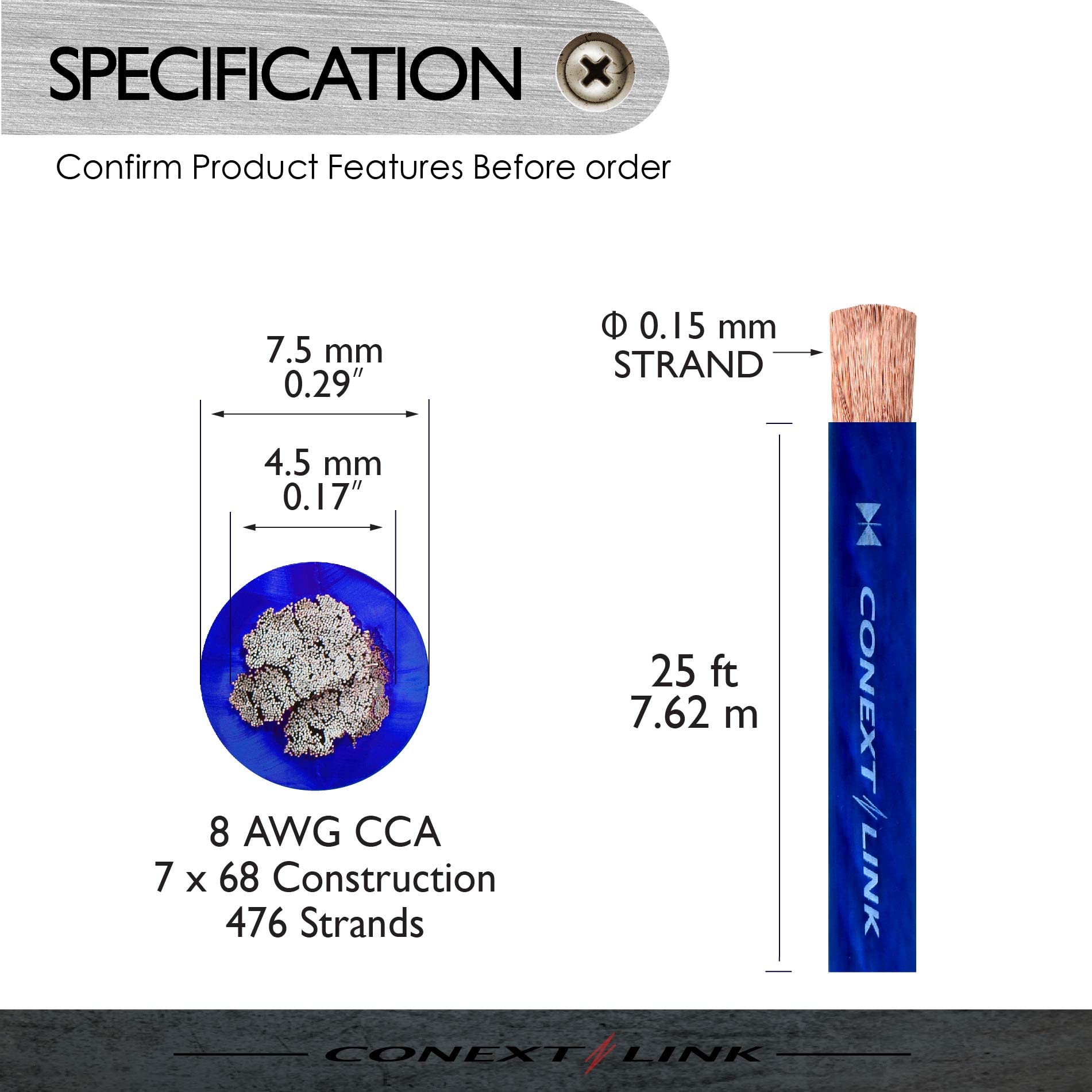 Conext Link 25 ft Blue 8 Gauge Amplifier Power Ground Wire 25 Feet