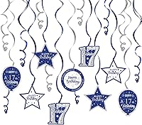 Vista 12 de Serpentinas de remolinos de cumpleaños feliz de 16 años con purpurina azul y plateada - Kit de 15 piezas de remolinos colgantes para el kit