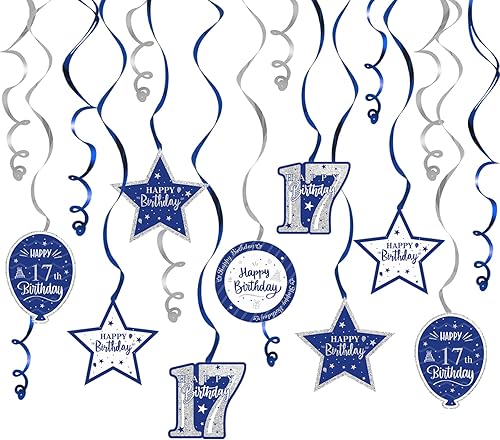 Miniatura 12 de Serpentinas de remolinos de cumpleaños feliz de 16 años con purpurina azul y plateada - Kit de 15 piezas de remolinos colgantes para el kit