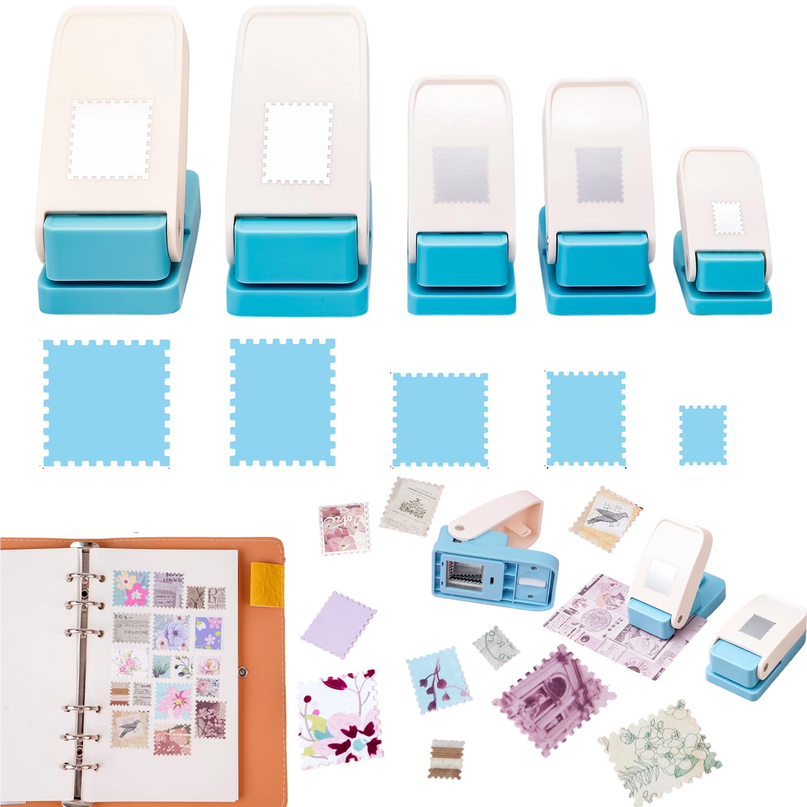 Punzone per timbri di 5 dimensioni, 3,8 x 3,2 cm/3,8 x 3,8 cm, punzonatrice per francobolli grandi, 2,5 x 2 cm/2,5 x 2,5 cm, mini timbri a forma di mini punzonatrice per carta, perforatrice per