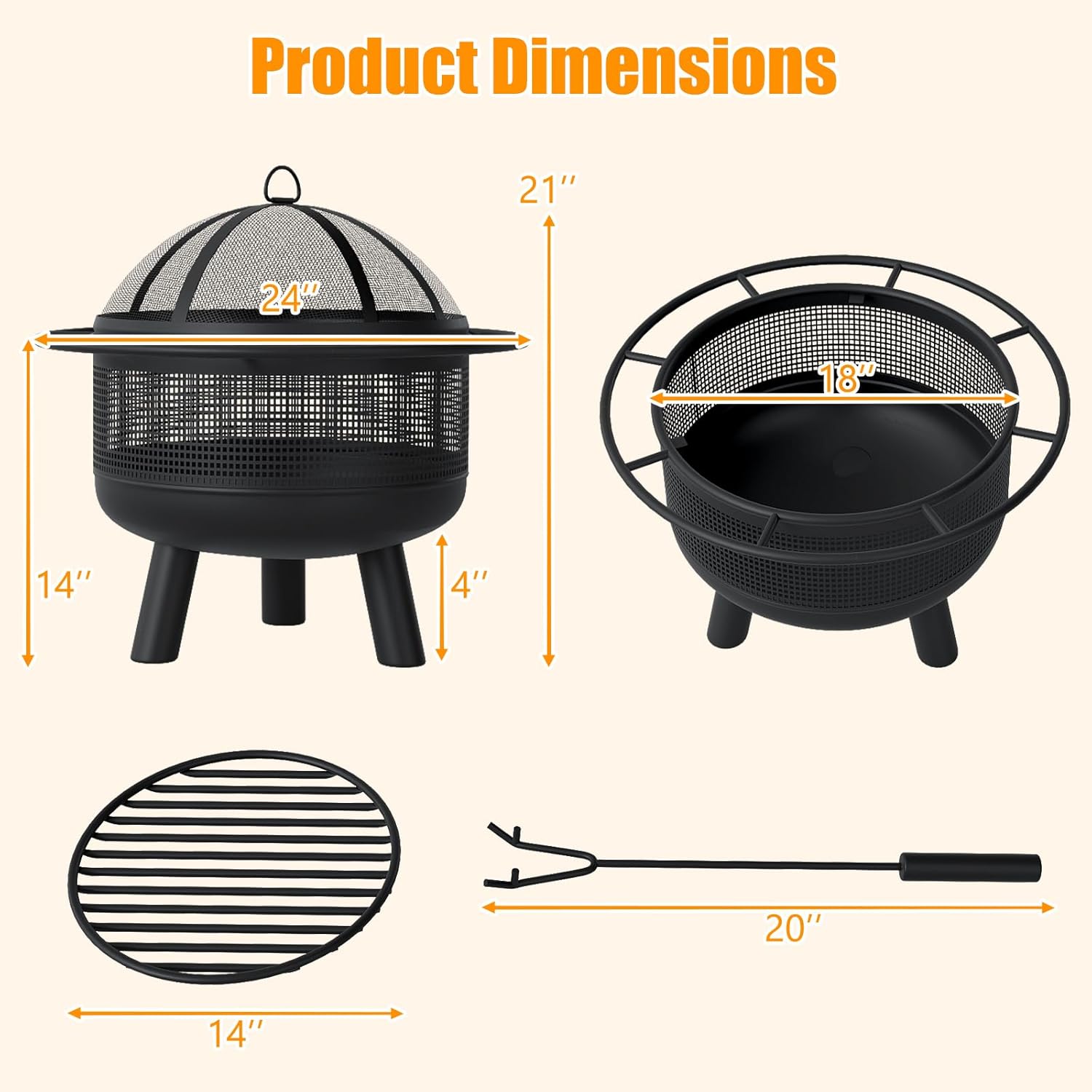 Happygrill 24" Outdoor Fire Pit, Heavy Duty Wood Burning Firepit w/Log Grate, Poker & Mesh Screen for Outside, Portable Small Fireplace for Camping, Bonfire, Heating, Picnic, Garden and Backyard