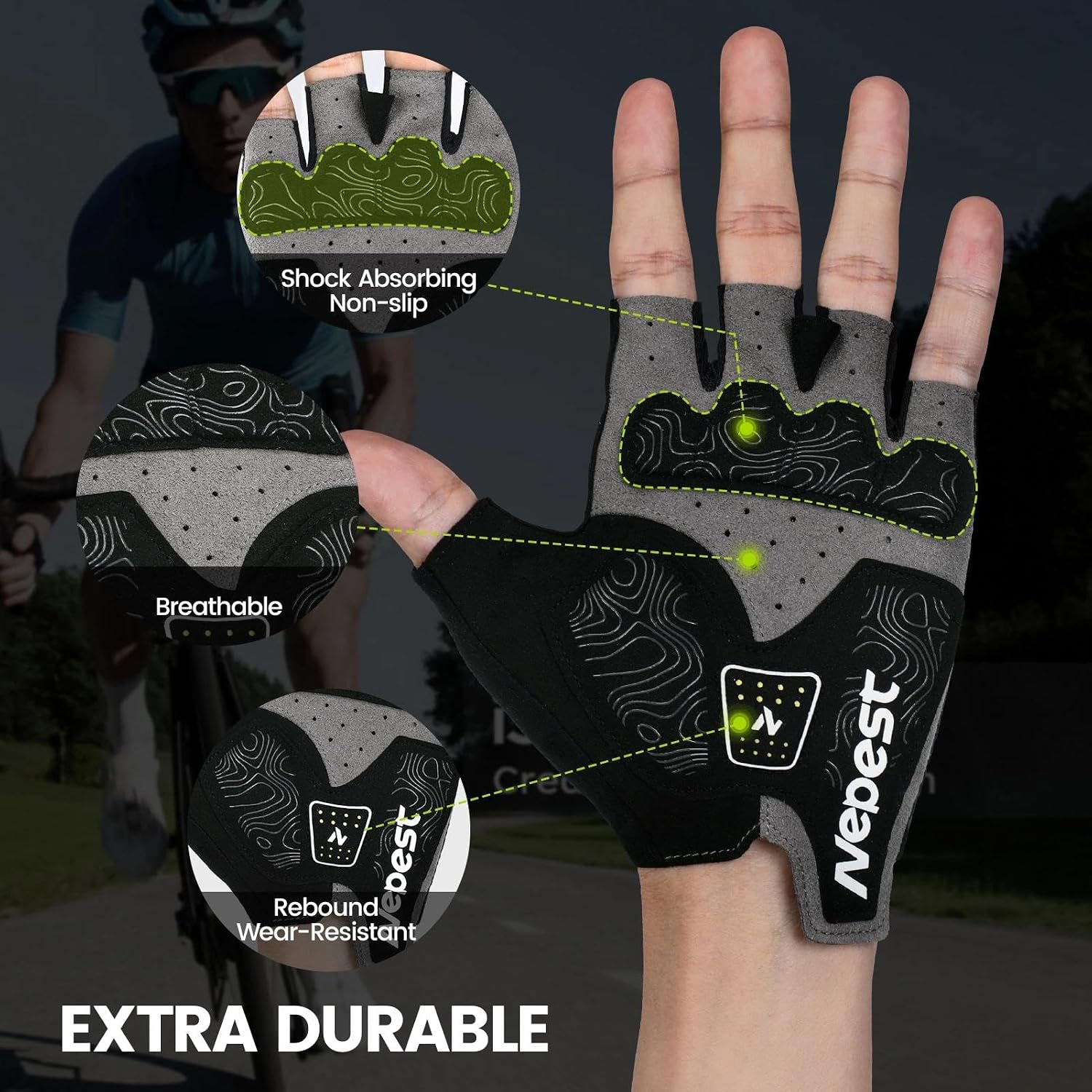 Nepest Road Cycling Gloves Gel Padded Absorbing Fingerless Breathable | Moisture-Wicking, Stretchy, Pull Tabs, Anti-Slip Grip, Adjustable Wrist Closure, Reflective, Gravel, MTB