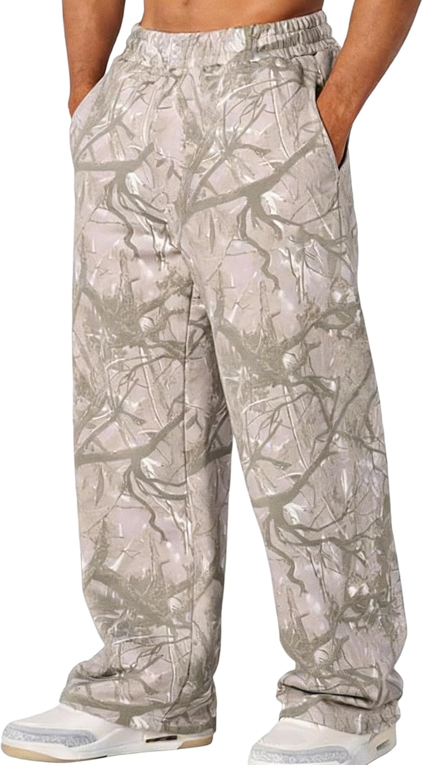 Mens Baggy Camo Pants Camouflage Sweatpants with Pockets,Camo Cargo Joggers for Gym Workout & Hiking