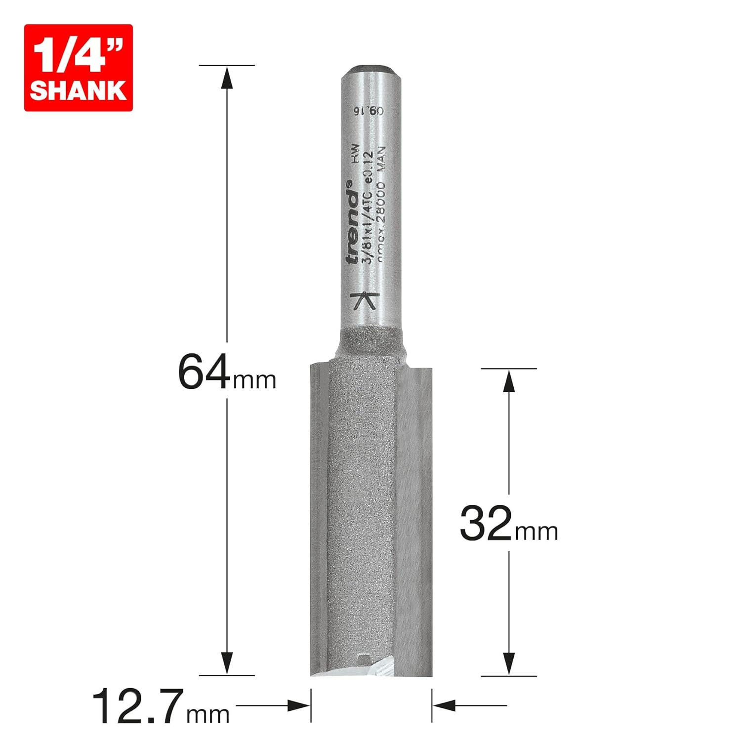 Trend Professional Straight Two Flute Router Cutter, 1/4 Inch Shank, 12.7mm Cut Diameter, Tungsten Carbide Tipped, 3/81X1/4TC