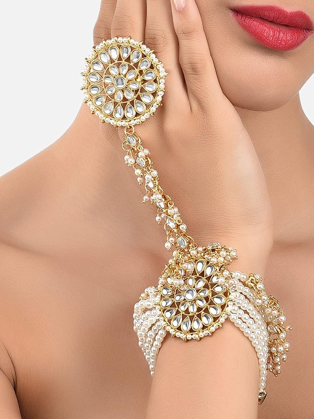 I Jewels 18k Gold Plated Indian Wedding Bollywood Embellish with Kundan & Pearl Adjustable Haath Phool/Panja Bracelet for Women (PIJ029W)