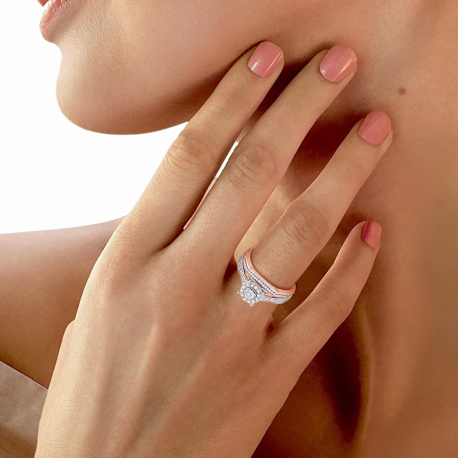Jewelili Rose Gold over Sterling Silver 1/3 Cttw Natural White Round Diamond Bridal Engagement Ring