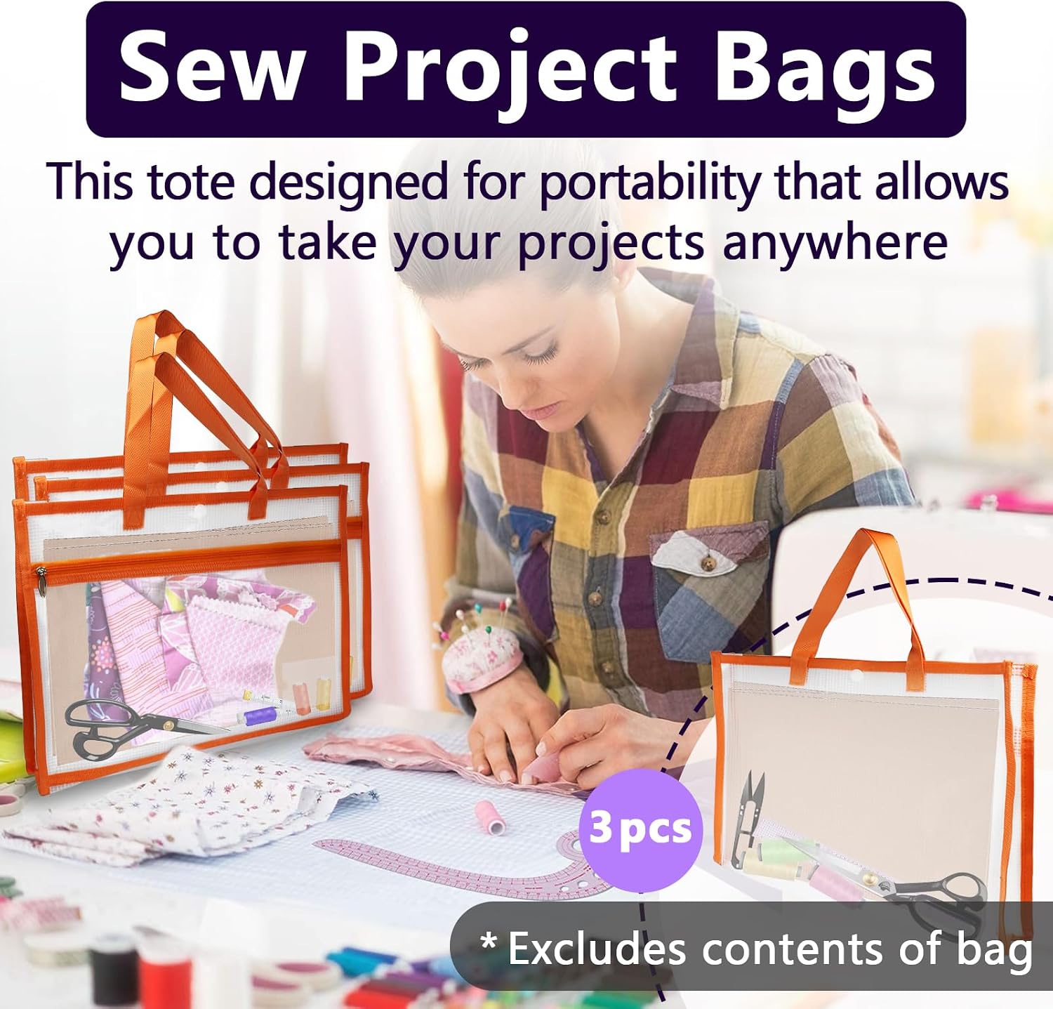 3 Pcs Portable Project Bags for Quilting Knitting, Stitching and Embroidery Projects Storage, Sew Project Bag with Zipper and Double Pockets, Transparent Mesh Sewing Project Bag for Crafter image 2