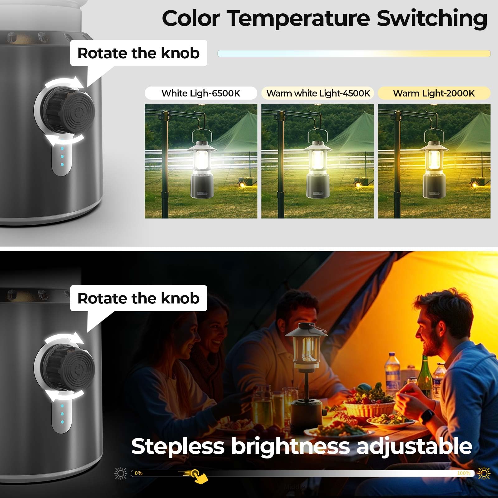Linterna de camping recargable, 8000 mAh, funciona con pilas, luces LED de camping con 3 modos de luz (2000-6500 K), linternas telescópicas para cortes de energía, huracanes, senderismo, emergencia