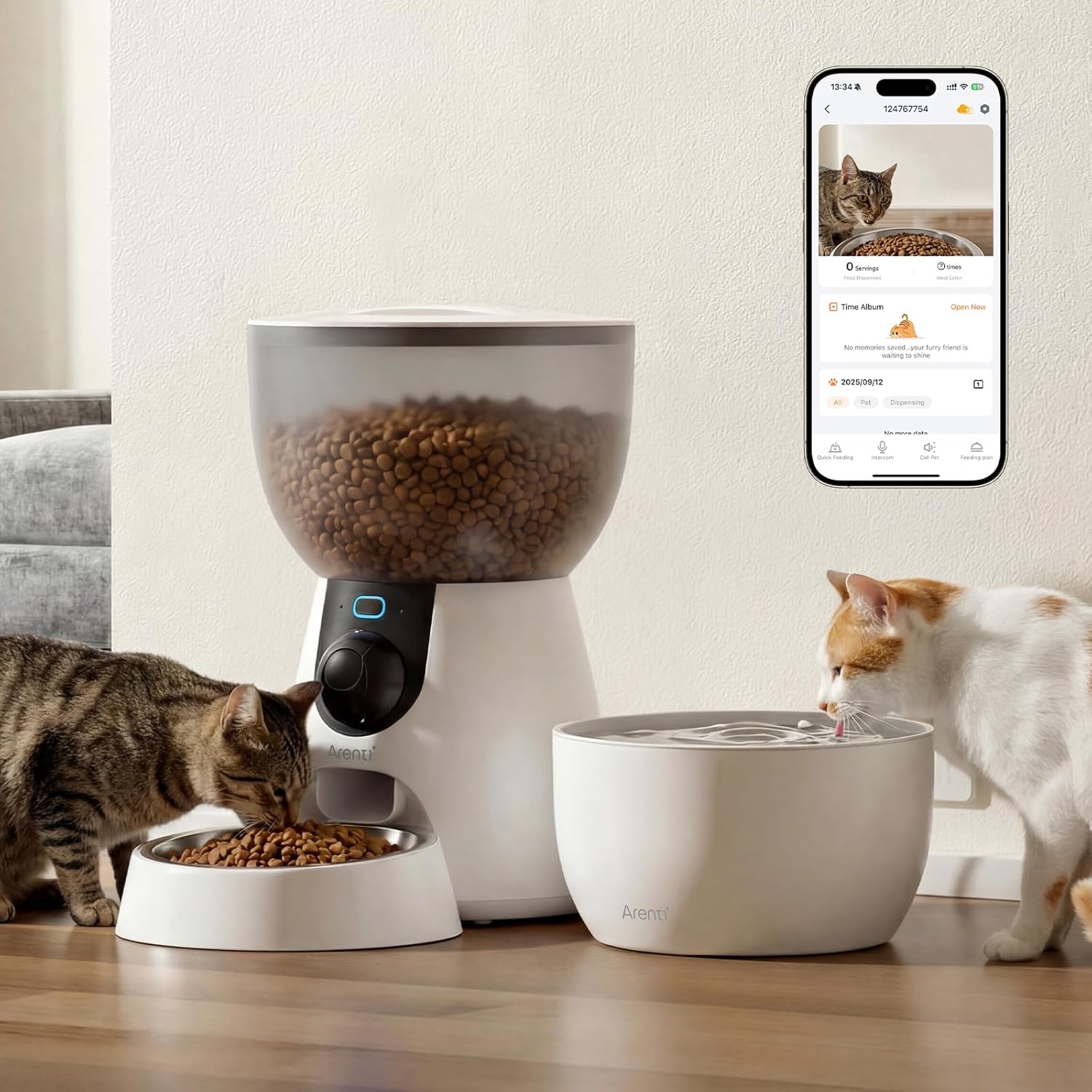 ARENTI Smart Automatic Cat Feeder and Water Fountain, 4L Pet Feeder Cat Food Dispenser with Camera, Dual Power, App Control, Live View & Night Vision, Meal Call, Hygienic Water Flow, Desiccant Bag