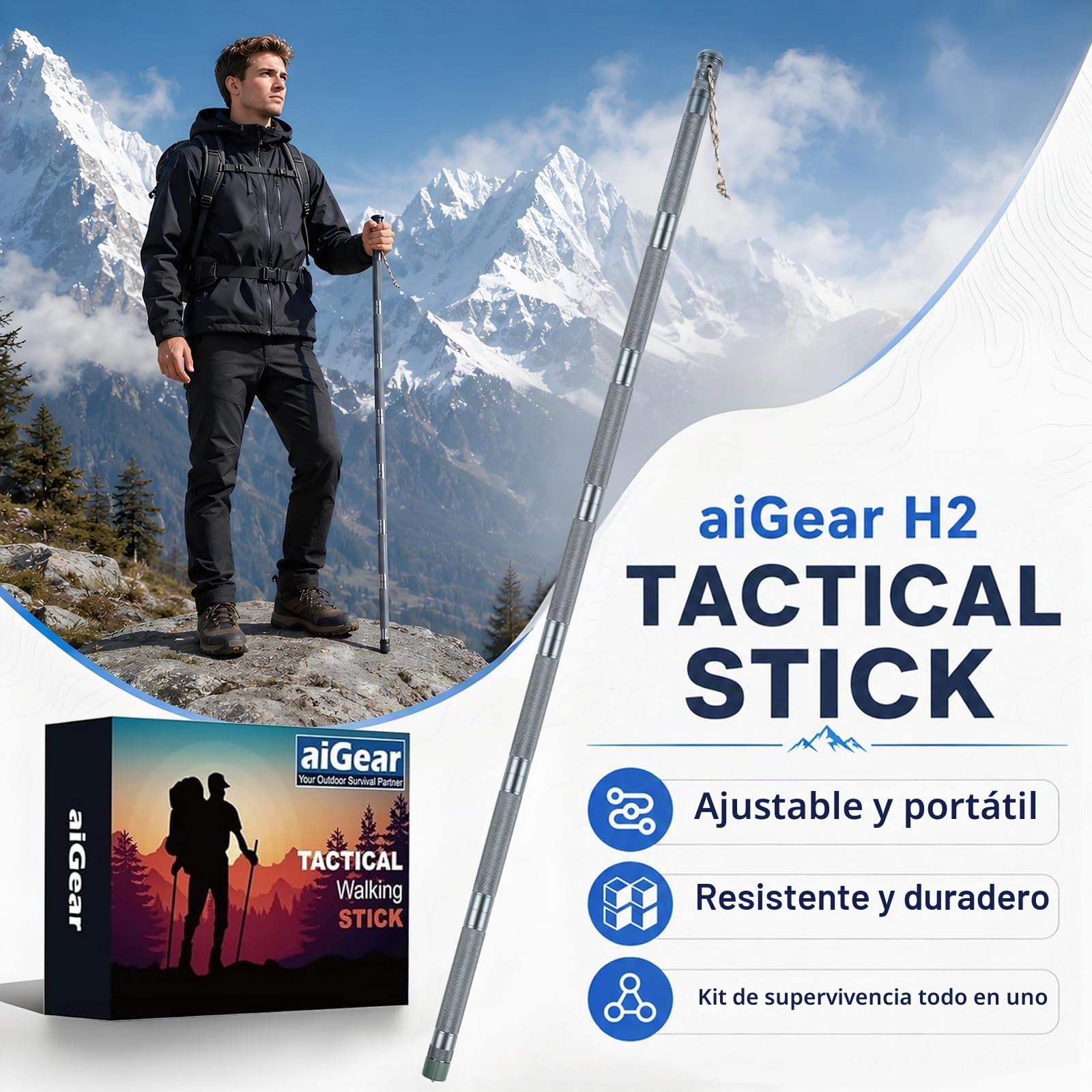 aiGear Bastón táctico para caminar, senderismo, equipo multiherramienta, bastón de senderismo, personal táctico al aire libre para supervivencia, camping, senderismo