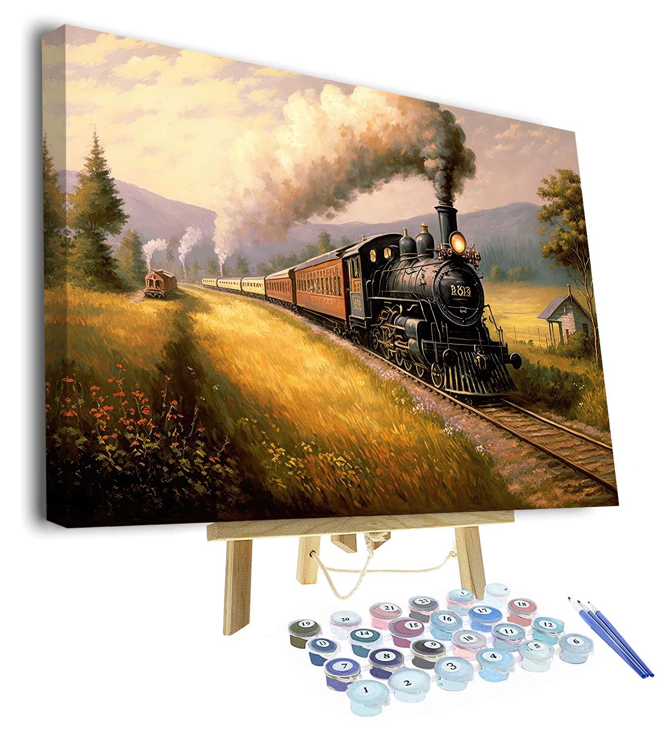 TISHIRON Paint by Numbers Kit for Adults - Vintage Locomotive Traveling Through a Charming Countryside Village, Landscape Art, Painting by Numbers Canvas - 16x20 Inch(Framed)