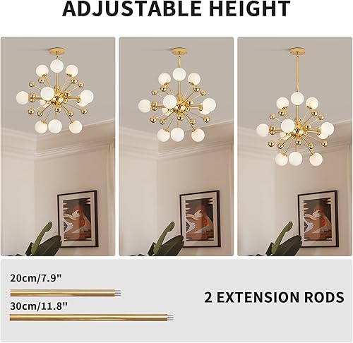 Miniatura 11 de KCO Lighting - Lámpara de araña moderna Sputnik con globo dorado, 18 luces, bola de vidrio de leche, iluminación colgante redonda, lámpara