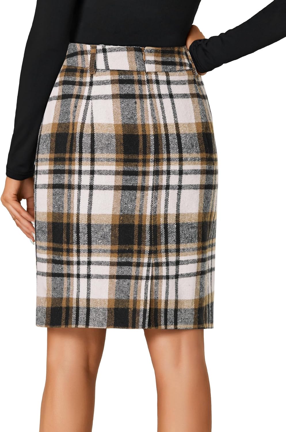 LYANER Women's Wool Plaid Print High Waist Zipper Bodycon Fall Pencil Midi Skirt Knee Length