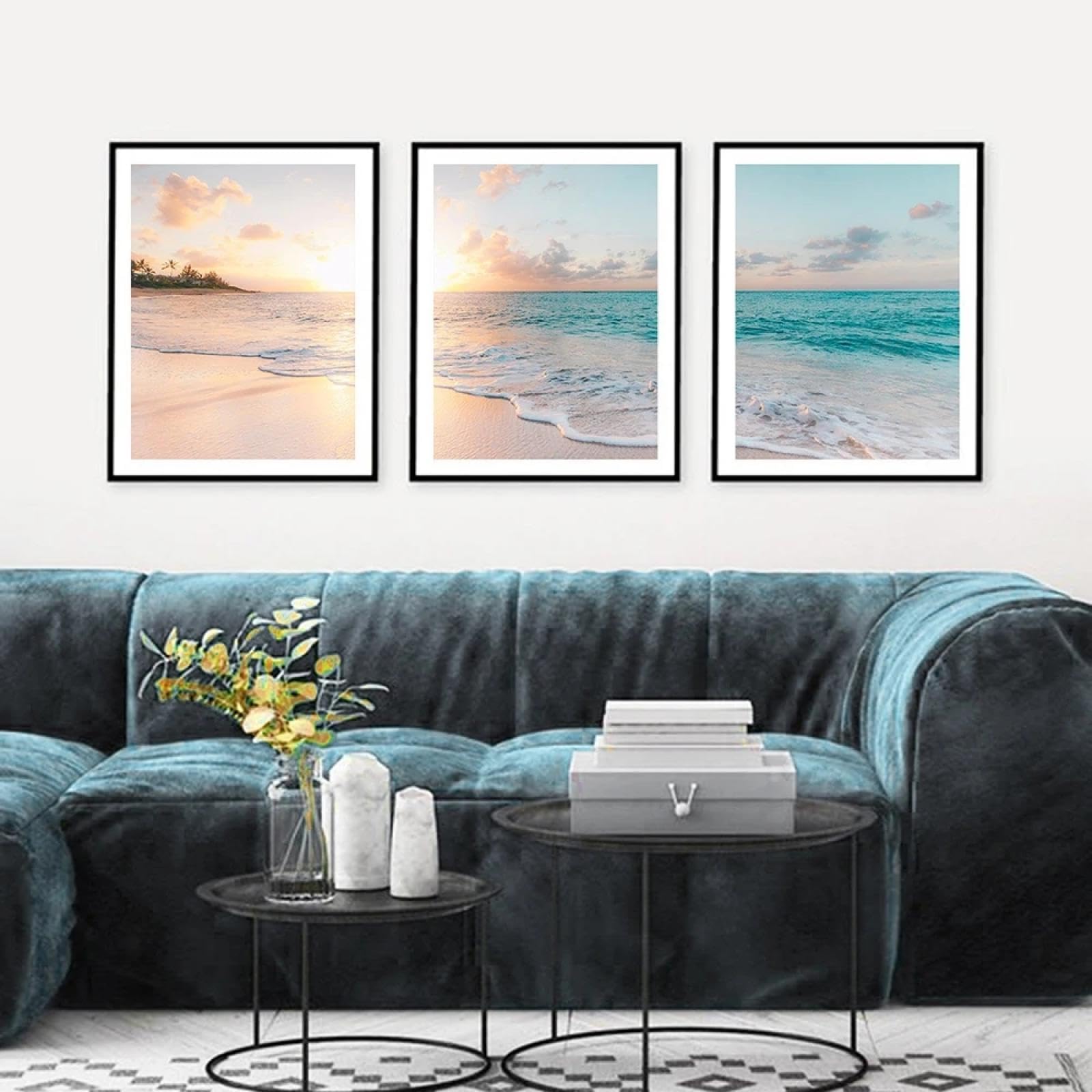 CHAOJIART Hellblaue Wellen, Sonnenuntergang am Meer, Landschaftsgemälde, HD-Druck, Bild, Wandkunst, Leinwandgemälde für Wohnzimmer, Heimdekoration, 50 x 70 cm x 3 Innenrahmen