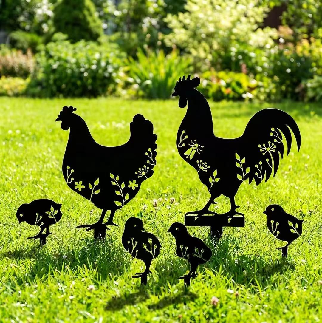 6Pcs Chicken Yard Art Garden Metal Statue Decor, Lifelike Rooster Hen Animals Stakes Outdoor Decorations, Black Hollow Out Chickens Family Silhouette Sets for Farmhouse Pathway Lawn Lawn Outdoor Deco