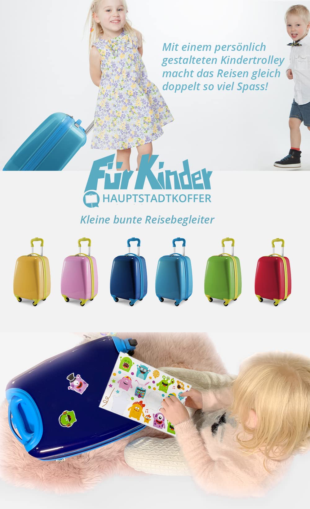 Hauptstadtkoffer - Bagaż dziecięcy, walizka dziecięca, twarda obudowa, bagaż pokładowy dla dzieci ABS/PC, Różowy + naklejka Monster, Bagaż dziecięcy
