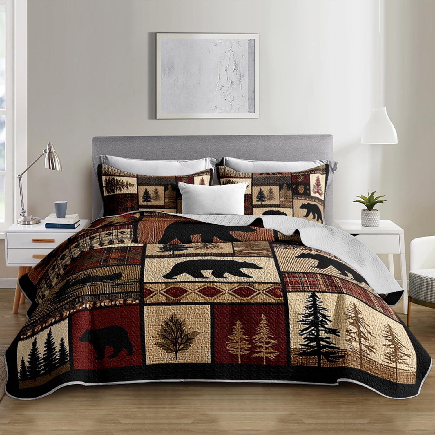 Rustic Black Bear Quilt Bedding King 3Pcs Natural Forest Wild Hunt Animal Bear Canoe Bed Set Retro Tree Grid Pattern Bedspread Coverlet with 2 Pillowcases for Kid Boy Girl Teen Adult Bed Decor
