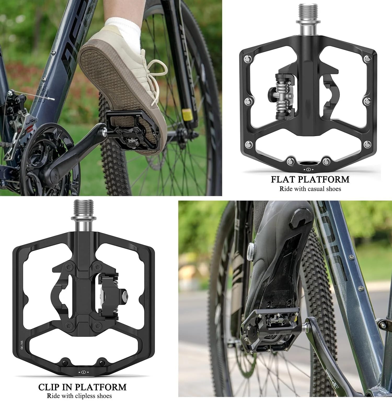 Pedali per Mountain Bike, Pedali Senza Clip e Pedali Piatti per Bicicletta a Doppia Funzione, Pedali con Piattaforma da 9/16 Pollici Compatibili con SPD per Strada e Montagna(Black)