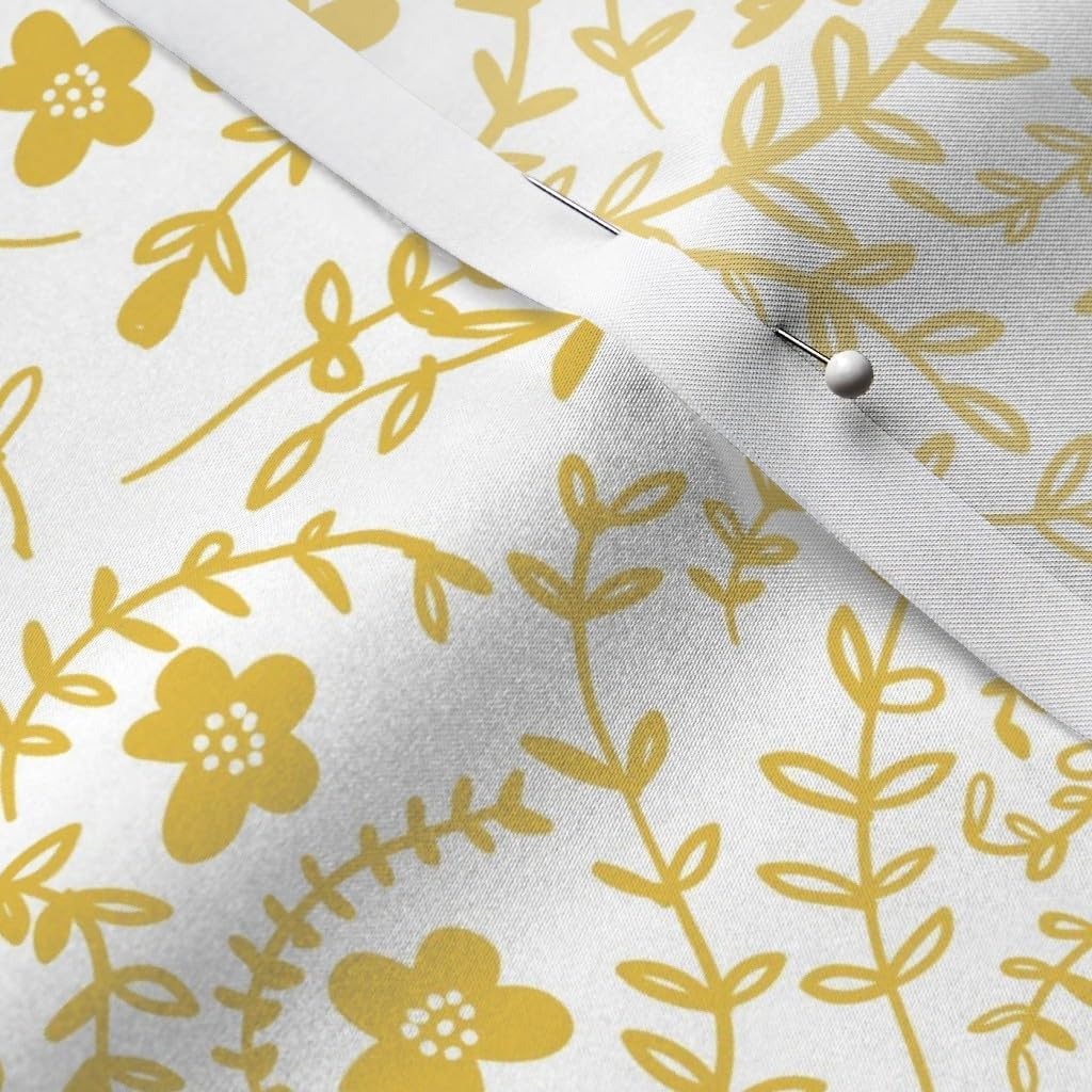 Spoonflower Fabric - Floral Ditsy Flowers Spring Summer Mustard Fern Foliage Monochromatic Printed on Satin Fabric by The Yard - Sewing Lining Apparel Fashion Blankets Decor
