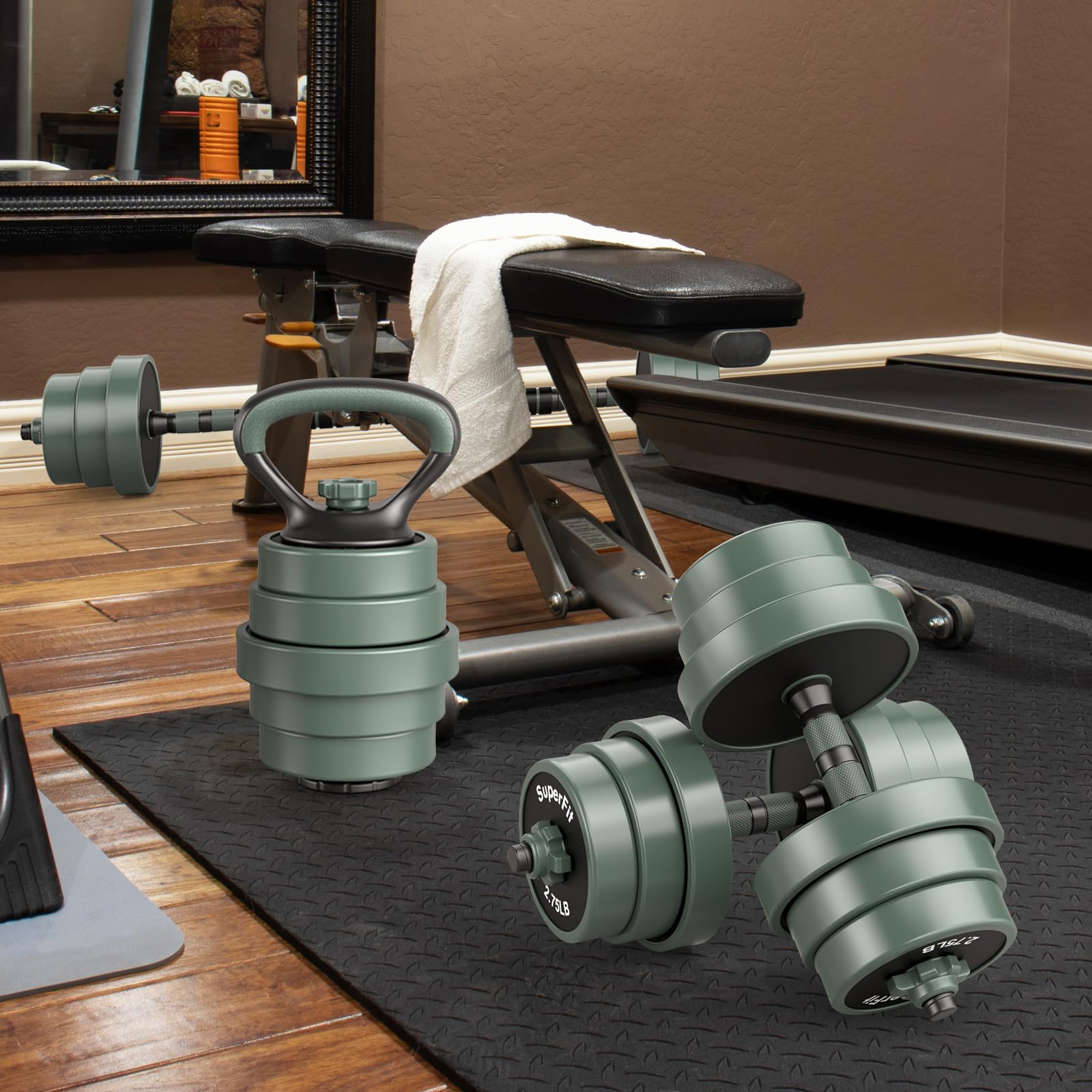 KOMFOTTEU Mancuernas Ajustables 4 en 1, Juego de Pesas para Gimnasio en Casa con Barras, Mancuernas, Kettlebells, Soporte para Flexiones, Entrenamiento de Fuerza para Hogar, Oficina