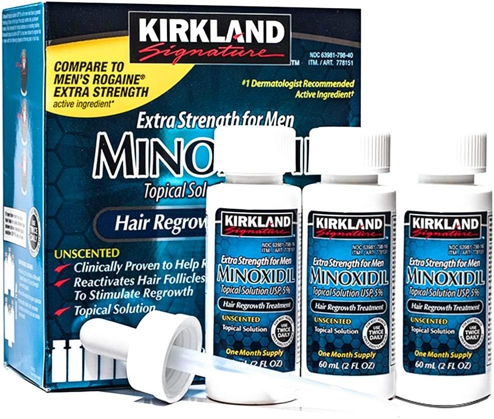 Kirkland Minoxidil 5% Topical Solution Extra Strength Hair Regrowth Treatment for Men Dropper Applicator Included (1 month to 24 month supplies available) (6 month supply), Clear